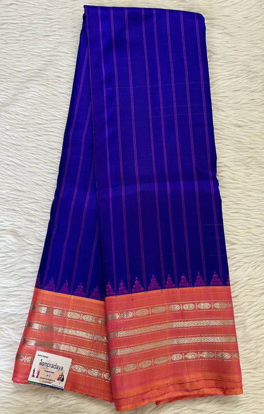 Gadwal Pattu Saree Blue Colored Complemented With a Pattu Pastel Pink Color Kanchi Border - Sampradaya Designer Studio