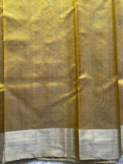 Chanderi Tissue Saree  Amber color Elegantly Paired with a Silver Zari Border - Sampradaya Designer Studio