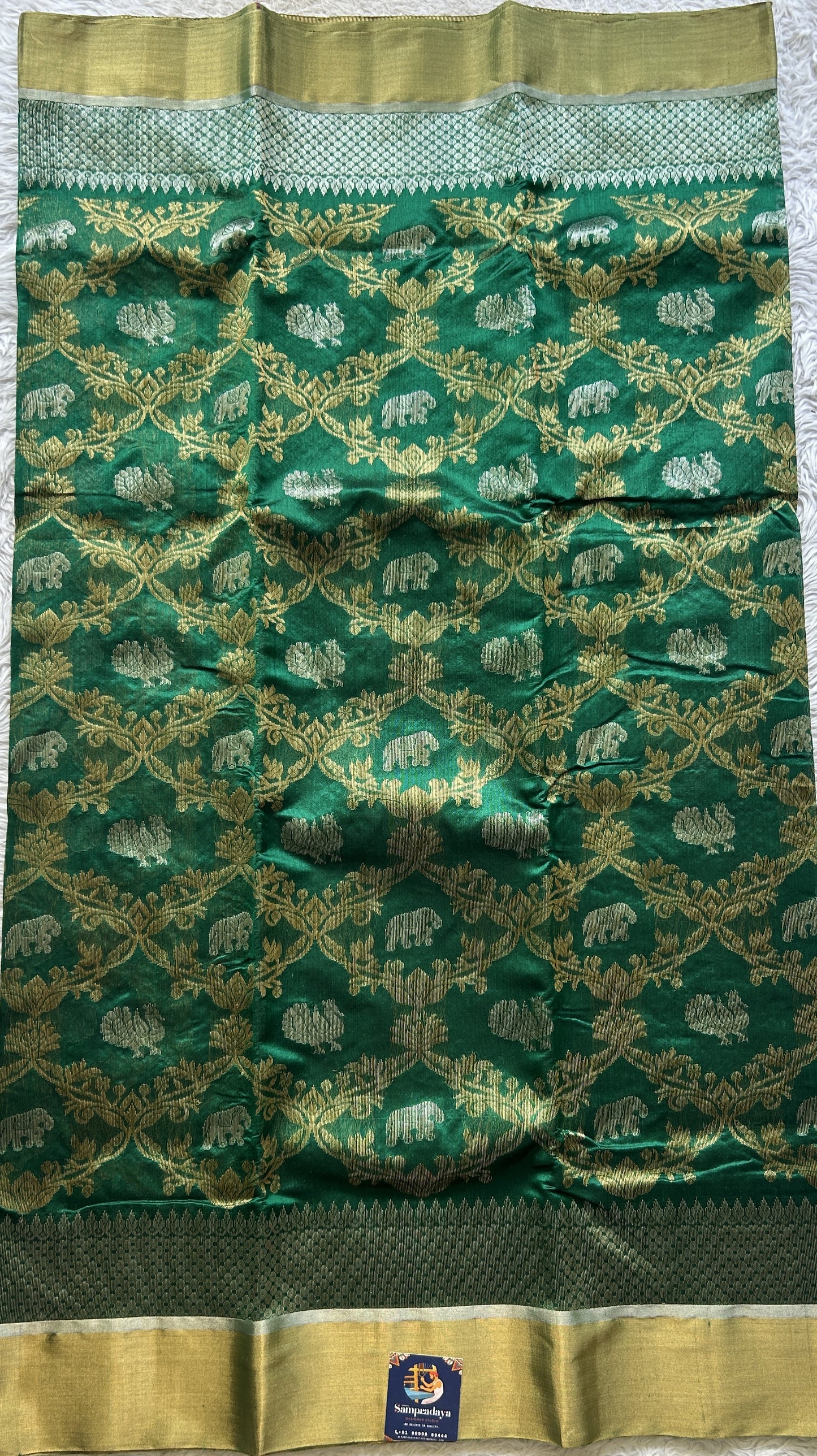 Chanderi Silk Allover Saree Green color Elegantly Paired with a Zari border - Sampradaya Designer Studio