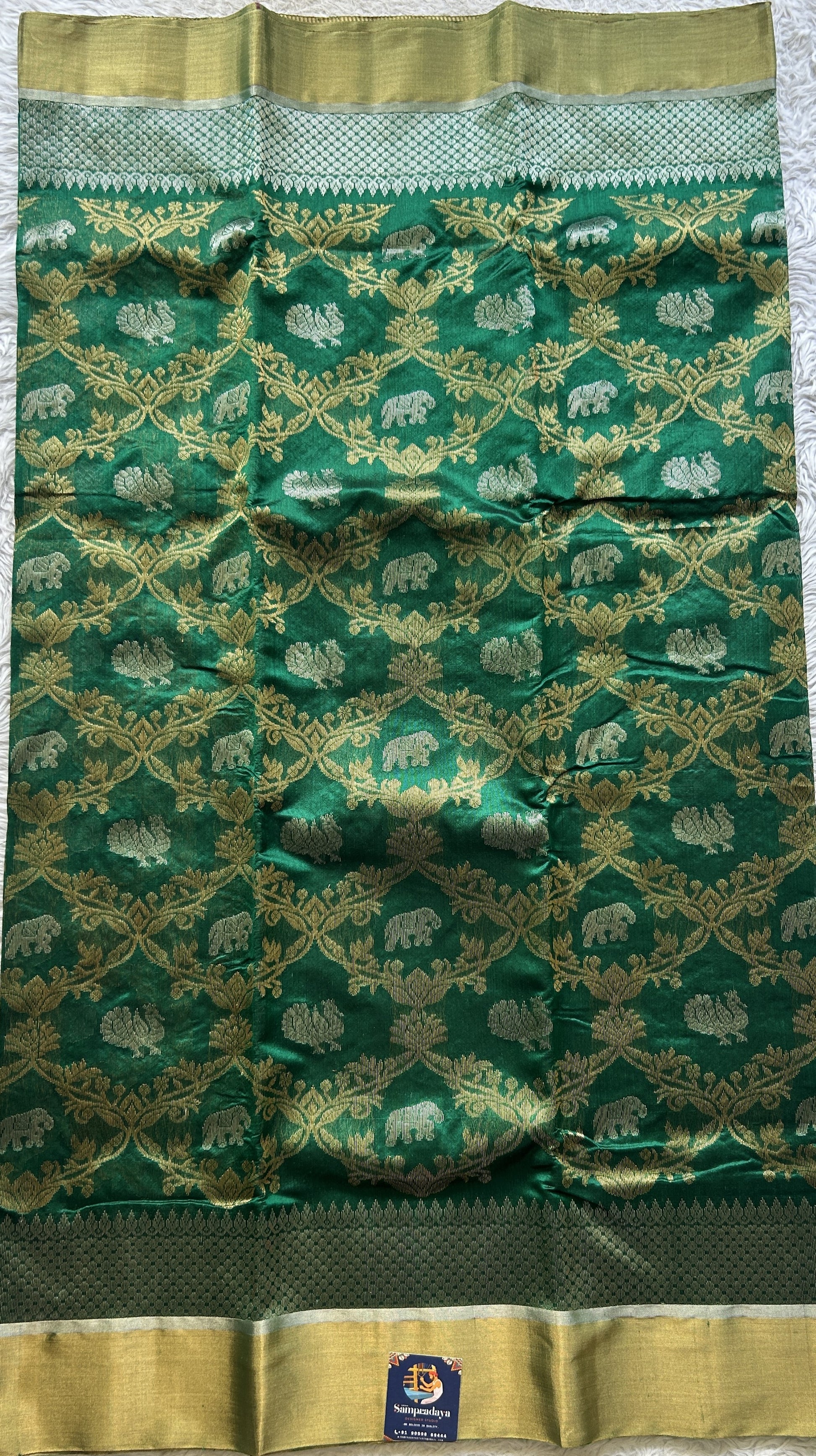 Chanderi Silk Allover Saree Green color Elegantly Paired with a Zari border - Sampradaya Designer Studio