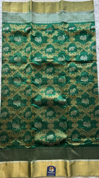 Chanderi Silk Allover Saree Green color Elegantly Paired with a Zari border - Sampradaya Designer Studio
