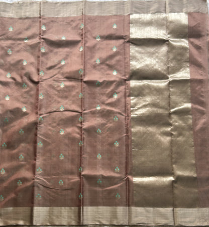 Chanderi Tissue Saree Stone color Elegantly Paired with a Silver Zari Border - Sampradaya Designer Studio