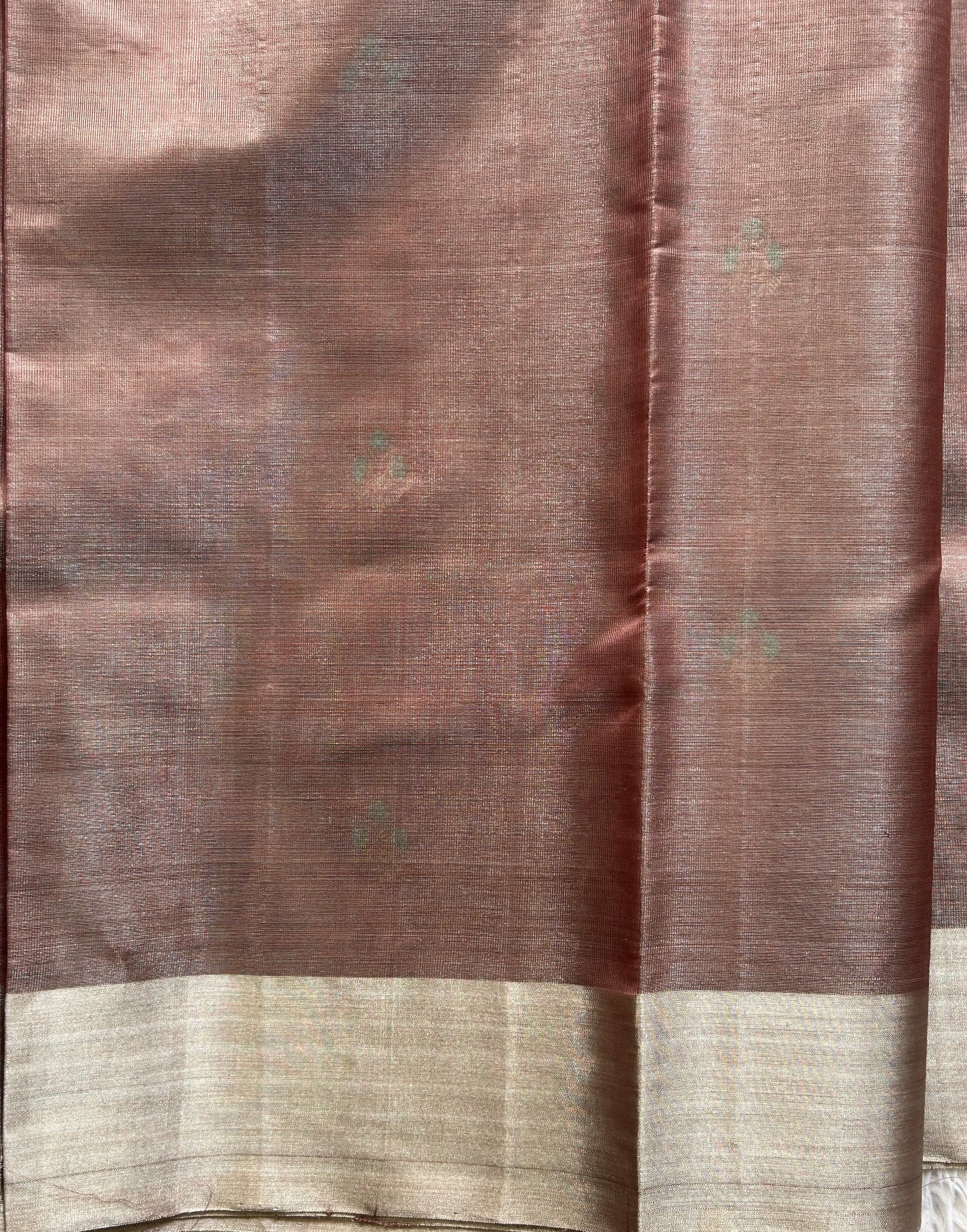 Chanderi Tissue Saree Stone color Elegantly Paired with a Silver Zari Border - Sampradaya Designer Studio