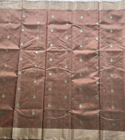 Chanderi Tissue Saree Stone color Elegantly Paired with a Silver Zari Border - Sampradaya Designer Studio