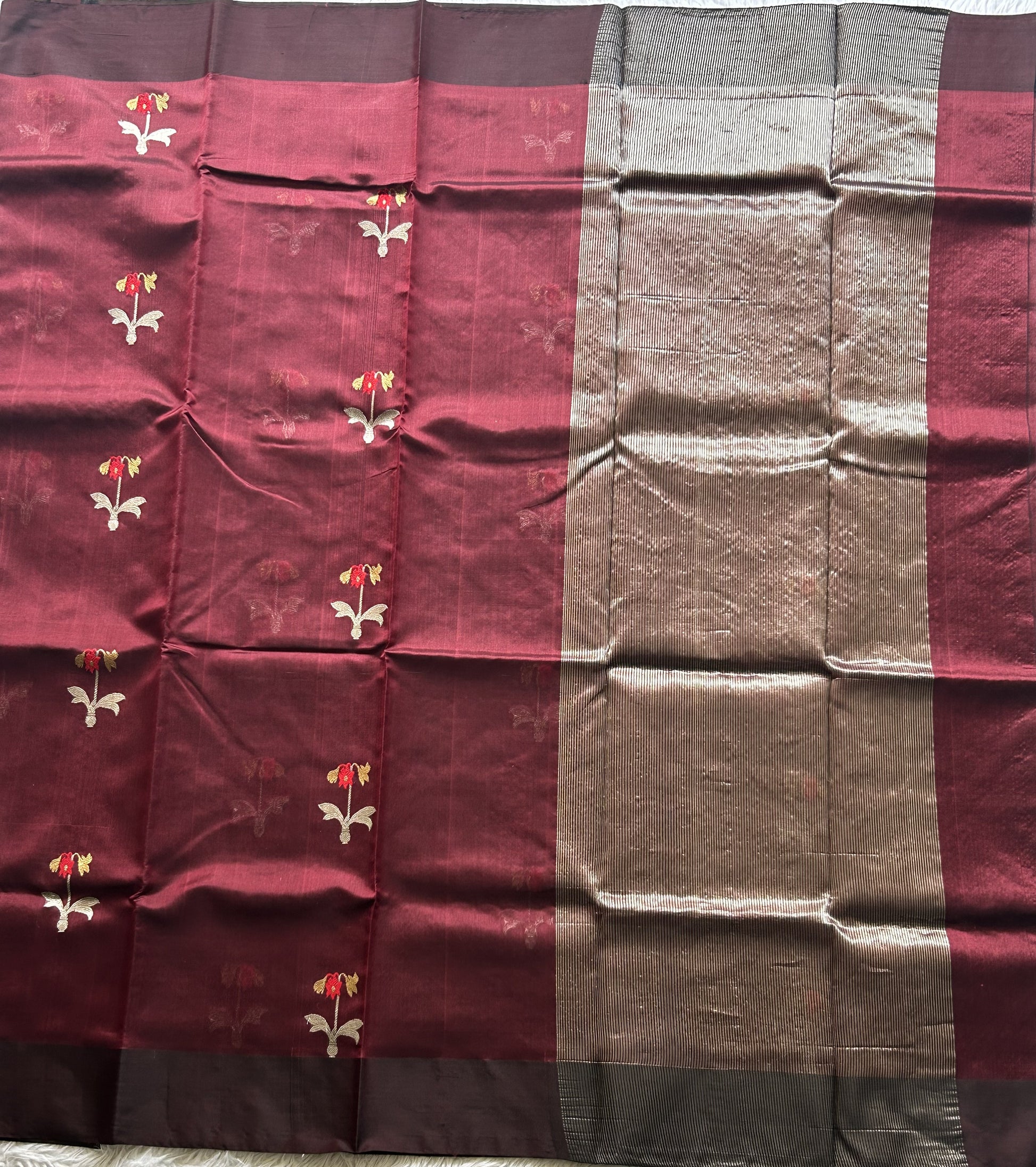 Chanderi Silk Saree Dark Brown color Elegantly Paired with a Brown Thread Border - Sampradaya Designer Studio