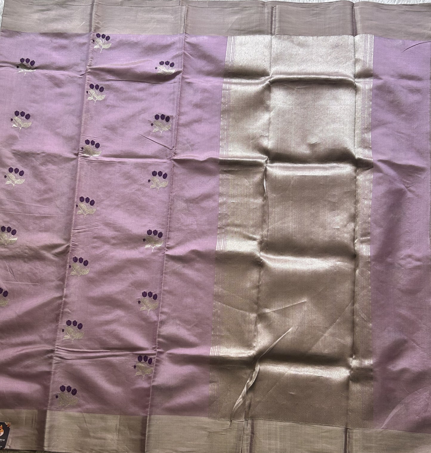 Chanderi Tissue Saree Lavender color Elegantly Paired with a Silver Zari Border - Sampradaya Designer Studio