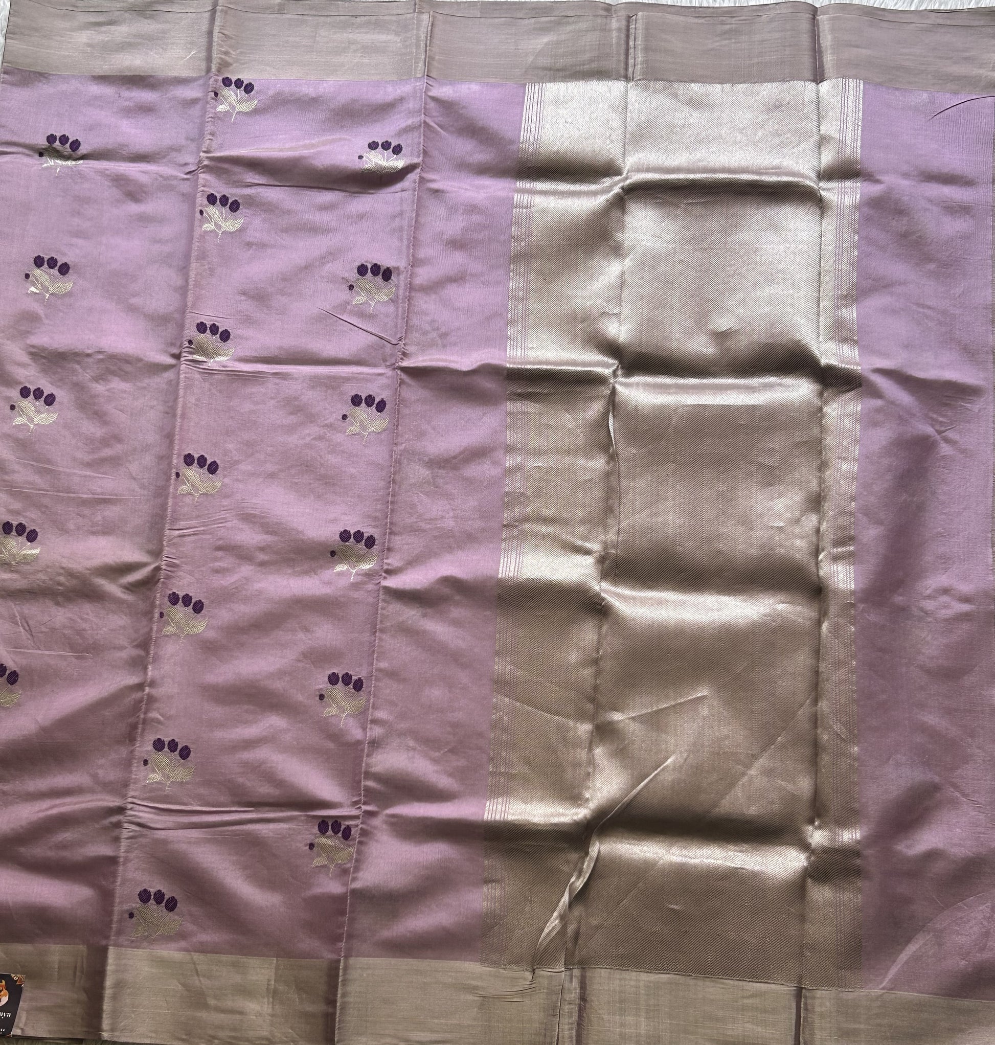Chanderi Tissue Saree Lavender color Elegantly Paired with a Silver Zari Border - Sampradaya Designer Studio