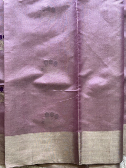 Chanderi Tissue Saree Lavender color Elegantly Paired with a Silver Zari Border - Sampradaya Designer Studio