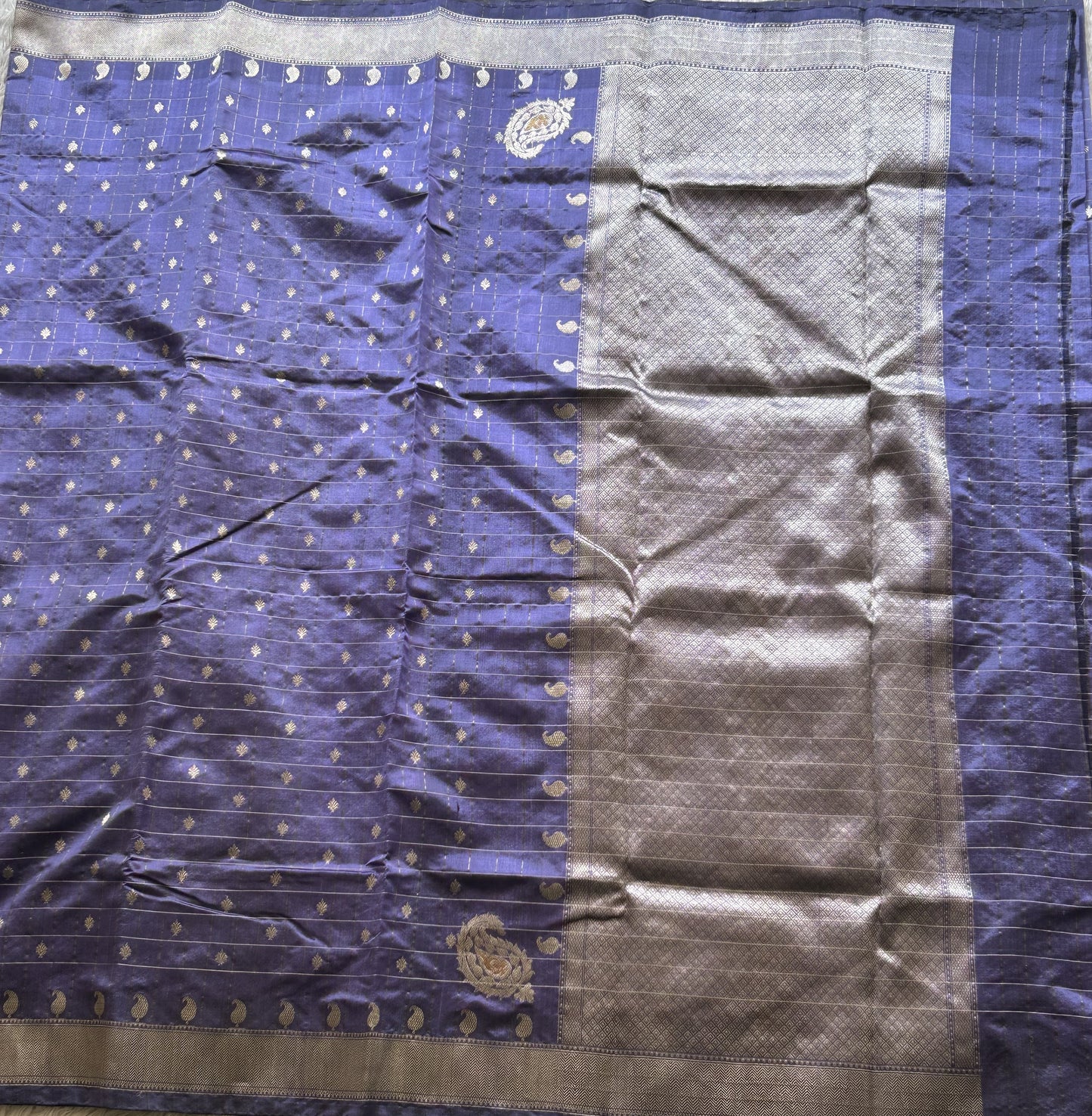 Chanderi Silk Saree  Navy Blue color Elegantly Paired with a Silver Zari Border - Sampradaya Designer Studio