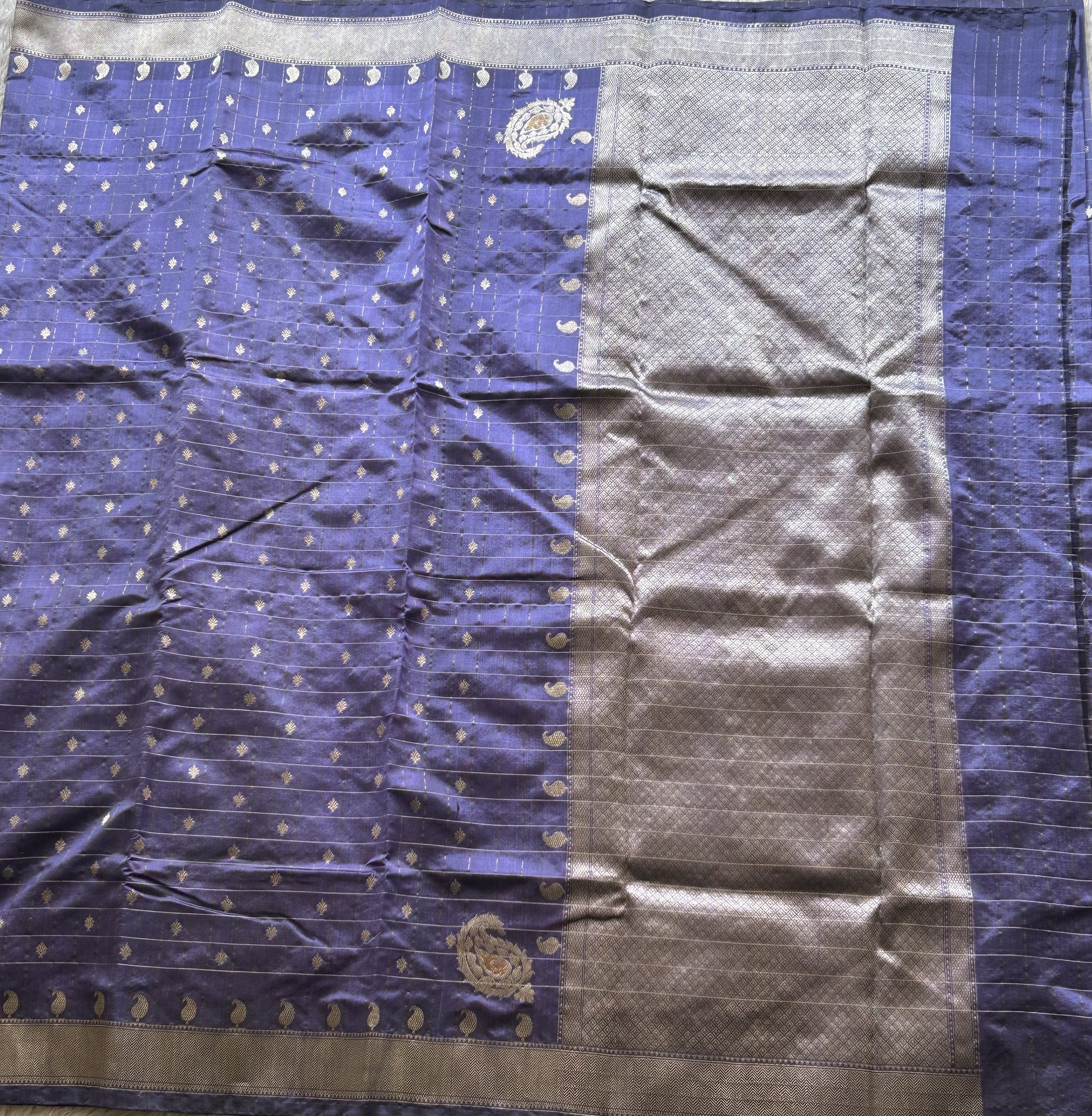 Chanderi Silk Saree  Navy Blue color Elegantly Paired with a Silver Zari Border - Sampradaya Designer Studio