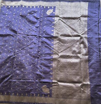 Chanderi Silk Saree  Navy Blue color Elegantly Paired with a Silver Zari Border - Sampradaya Designer Studio