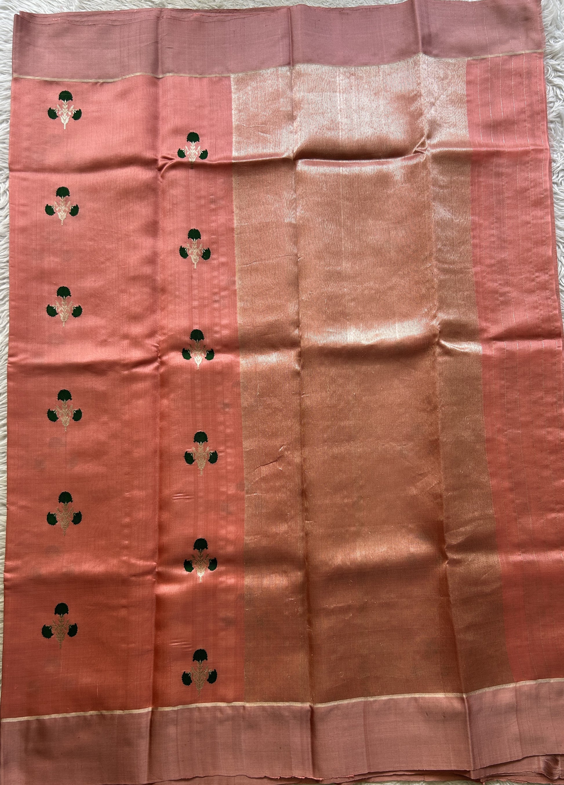 Chanderi Silk Saree Peach color Elegantly Paired with a Zari border - Sampradaya Designer Studio