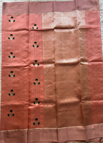 Chanderi Silk Saree Peach color Elegantly Paired with a Zari border - Sampradaya Designer Studio