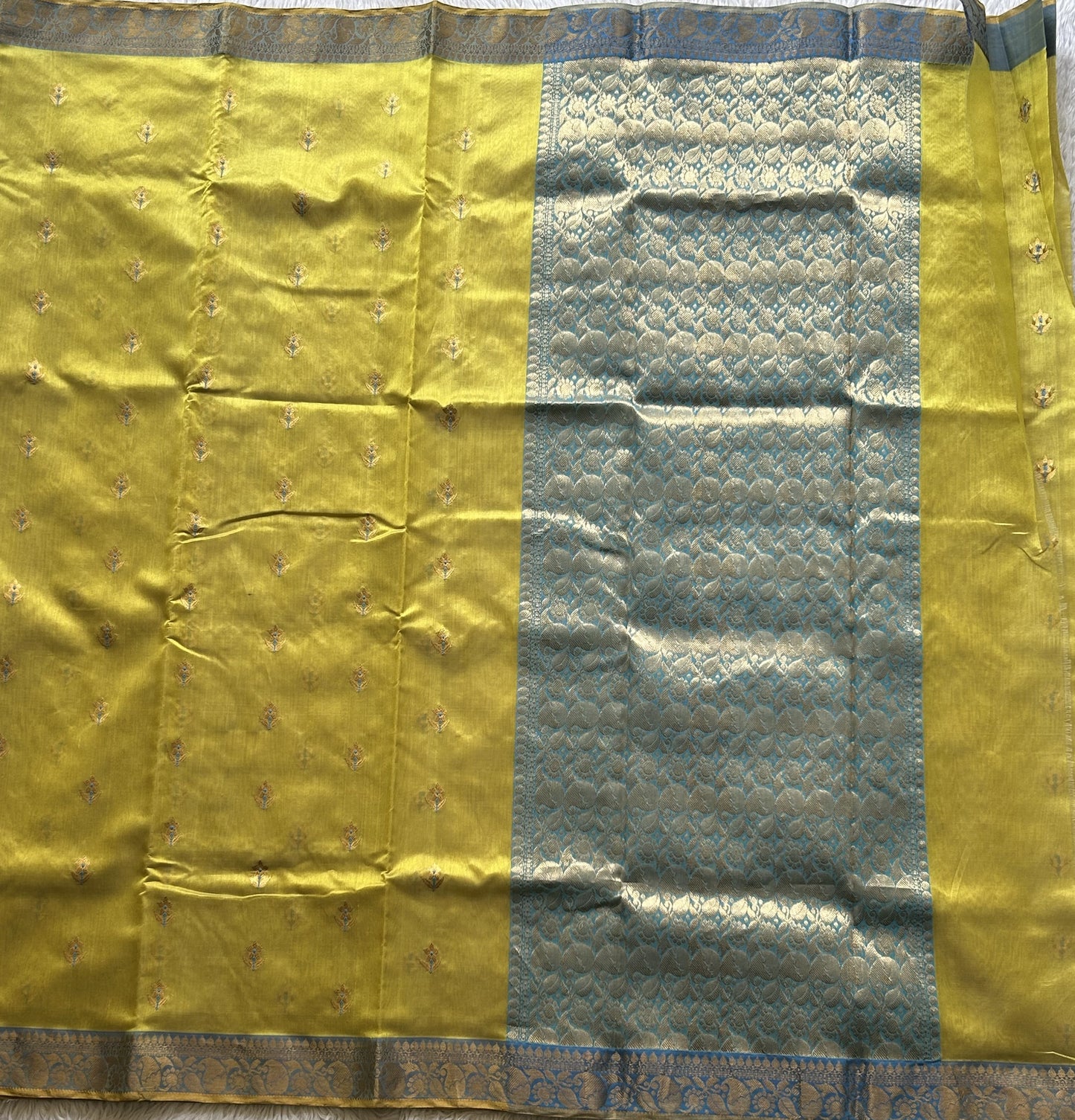 Chanderi Silk Saree  Lemon Yellow color Elegantly Paired with a Gold Zari Border