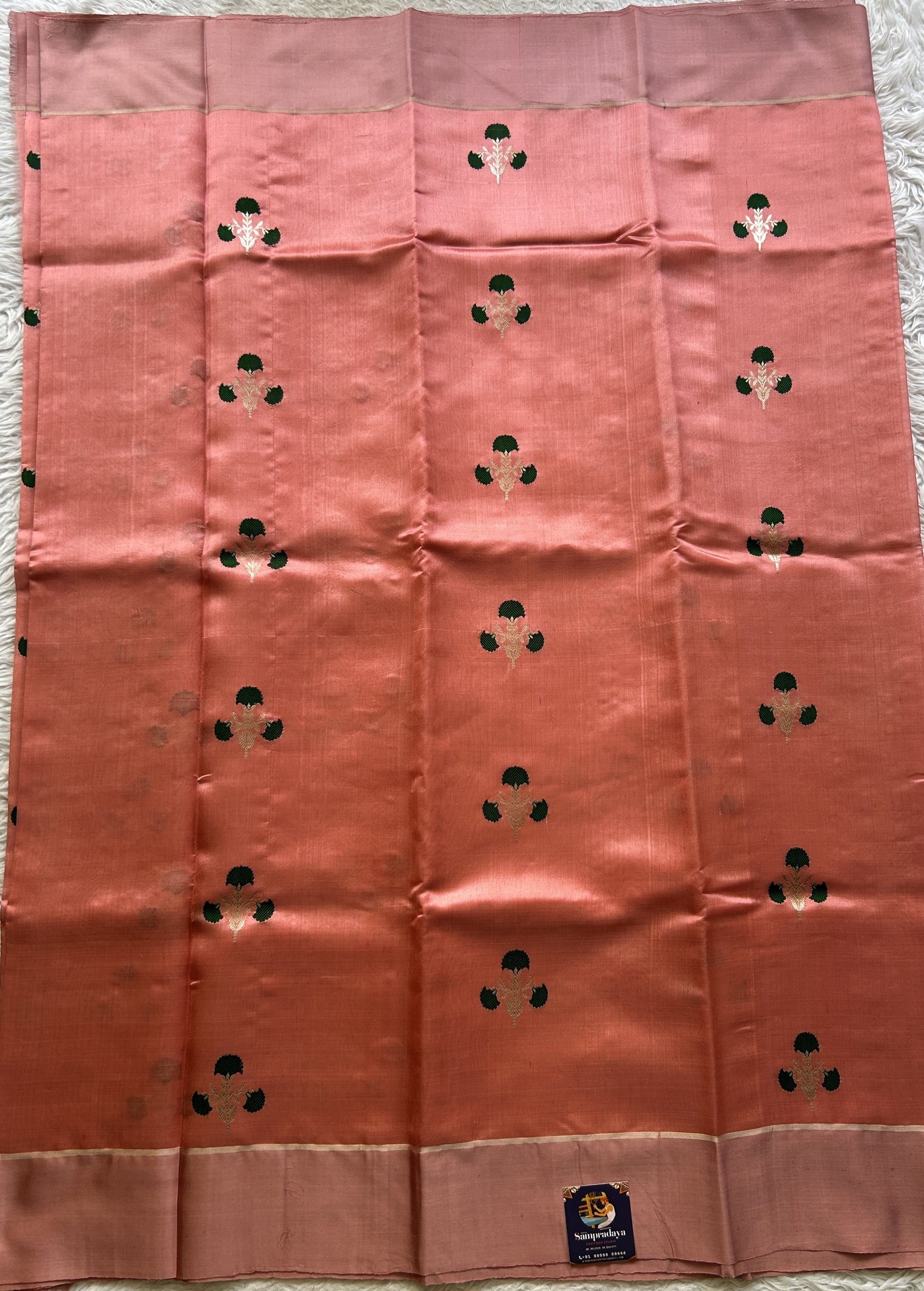 Chanderi Silk Saree Peach color Elegantly Paired with a Zari border - Sampradaya Designer Studio