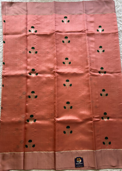 Chanderi Silk Saree Peach color Elegantly Paired with a Zari border - Sampradaya Designer Studio