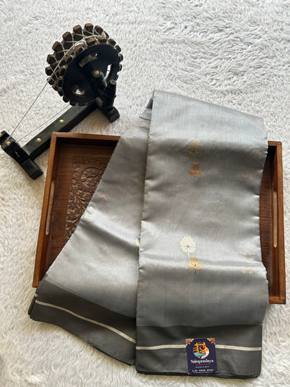Chanderi Silk Saree scarlet Cloudy Gray color Elegantly Paired with a Silver Zari Border - Sampradaya Designer Studio