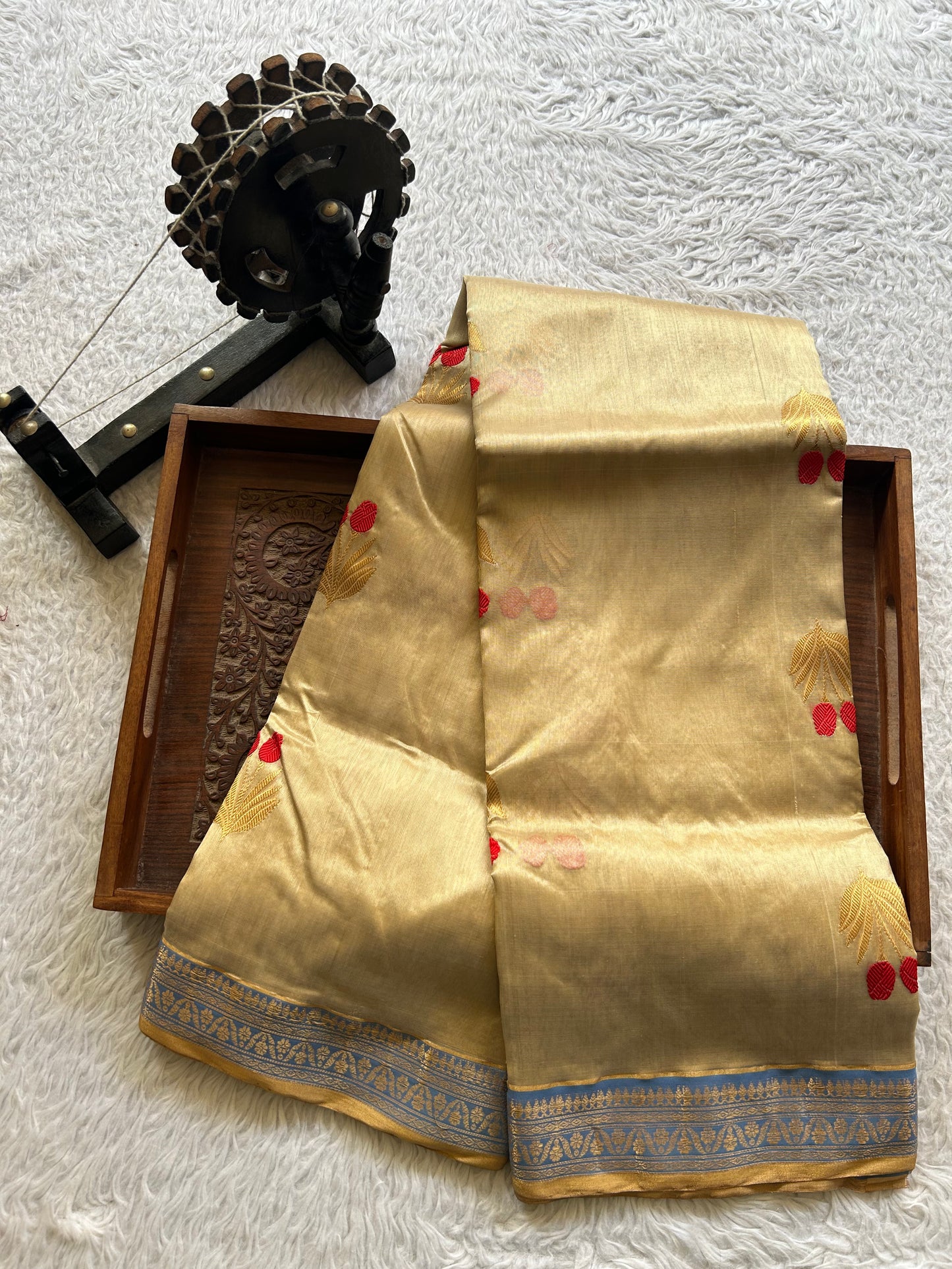 Chanderi Silk Saree Sand color Elegantly Paired with a Gold Zari Border - Sampradaya Designer Studio