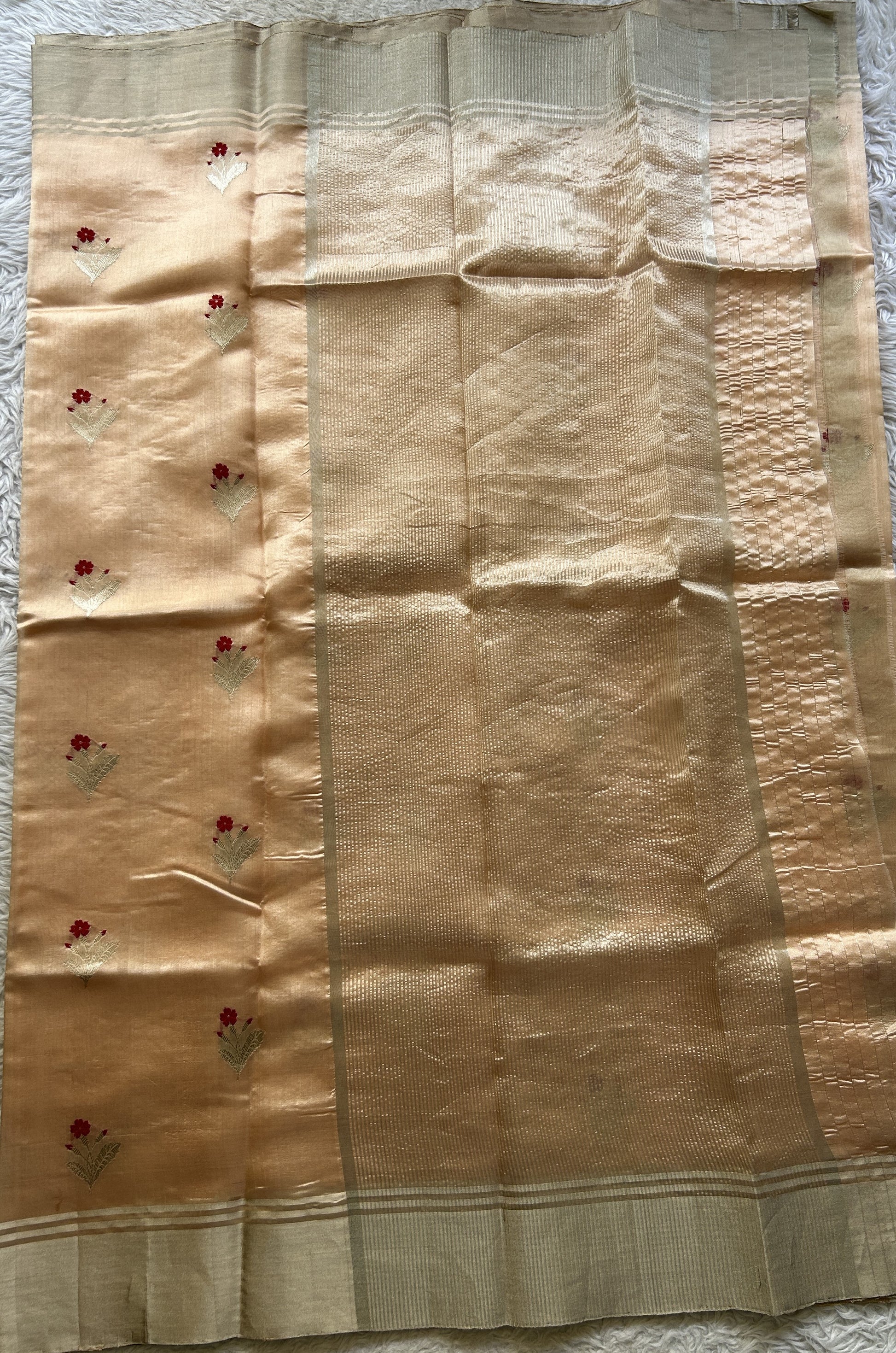 Chanderi Silk Saree Light Peach color Elegantly Paired with a Zari border - Sampradaya Designer Studio