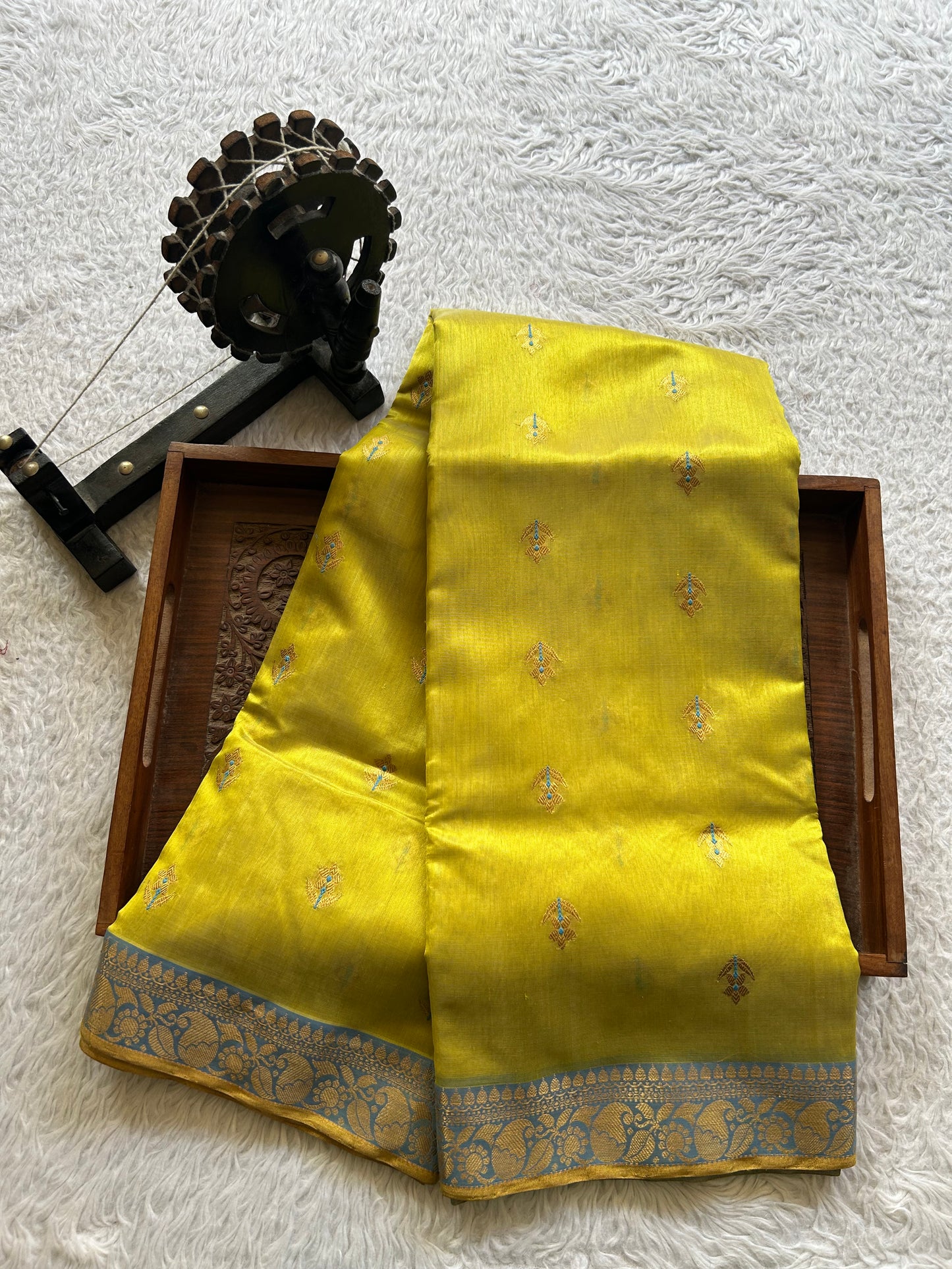 Chanderi Silk Saree  Lemon Yellow color Elegantly Paired with a Gold Zari Border