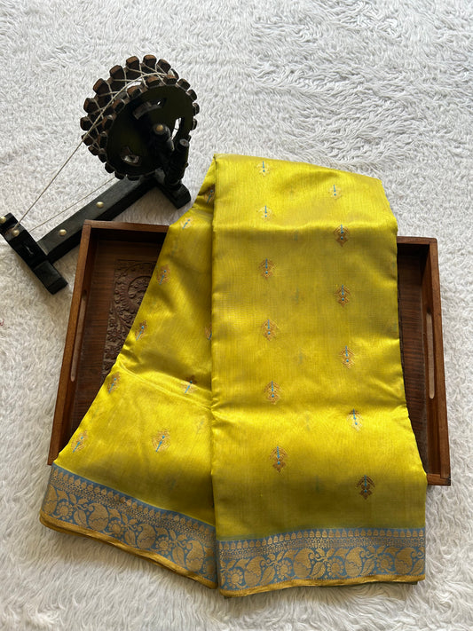 Chanderi Silk Saree  Lemon Yellow color Elegantly Paired with a Gold Zari Border