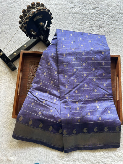 Chanderi Silk Saree  Navy Blue color Elegantly Paired with a Silver Zari Border - Sampradaya Designer Studio