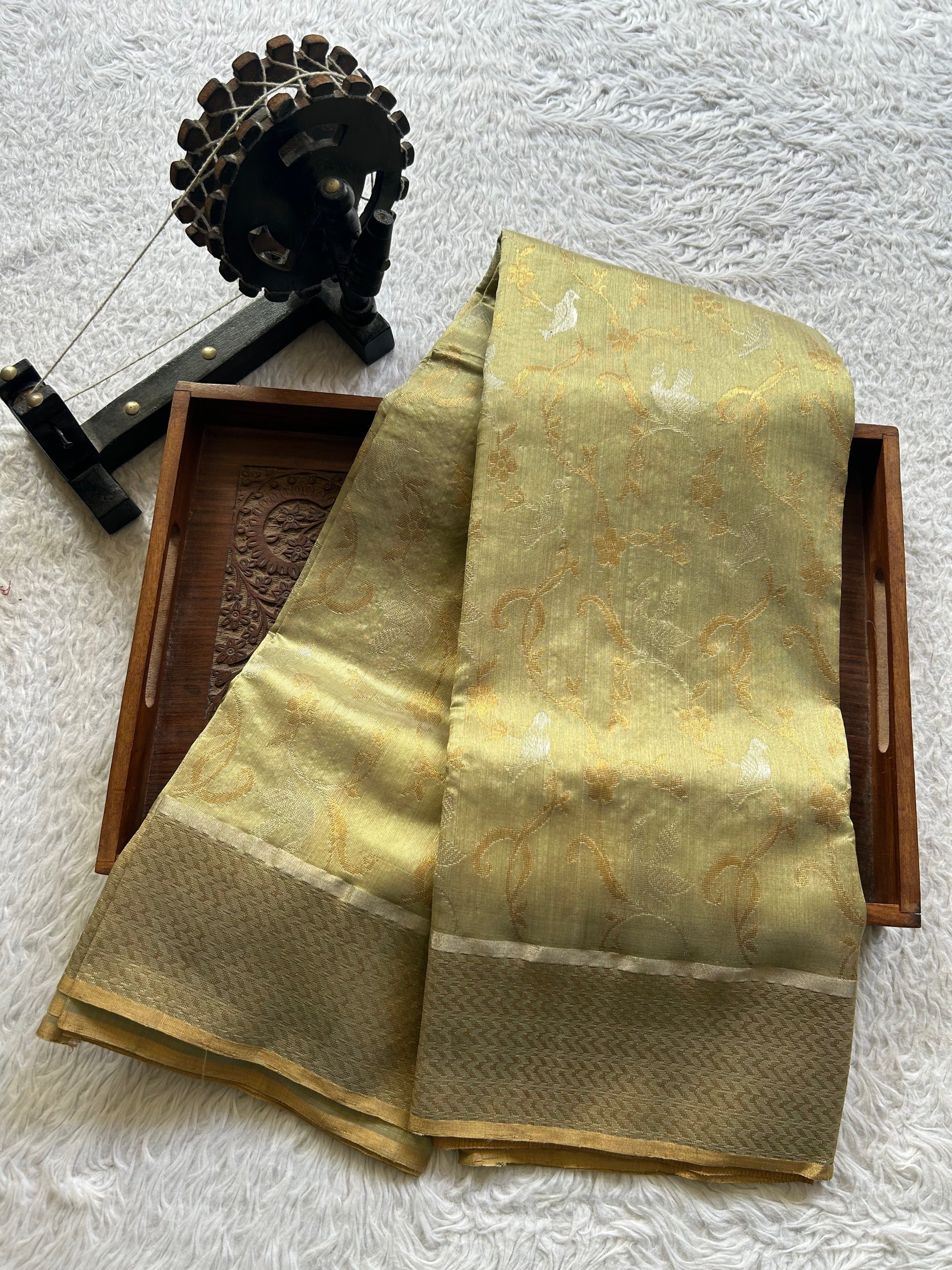 Chanderi Silk Saree Pista Green color Elegantly Paired with a Gold Zari Border - Sampradaya Designer Studio