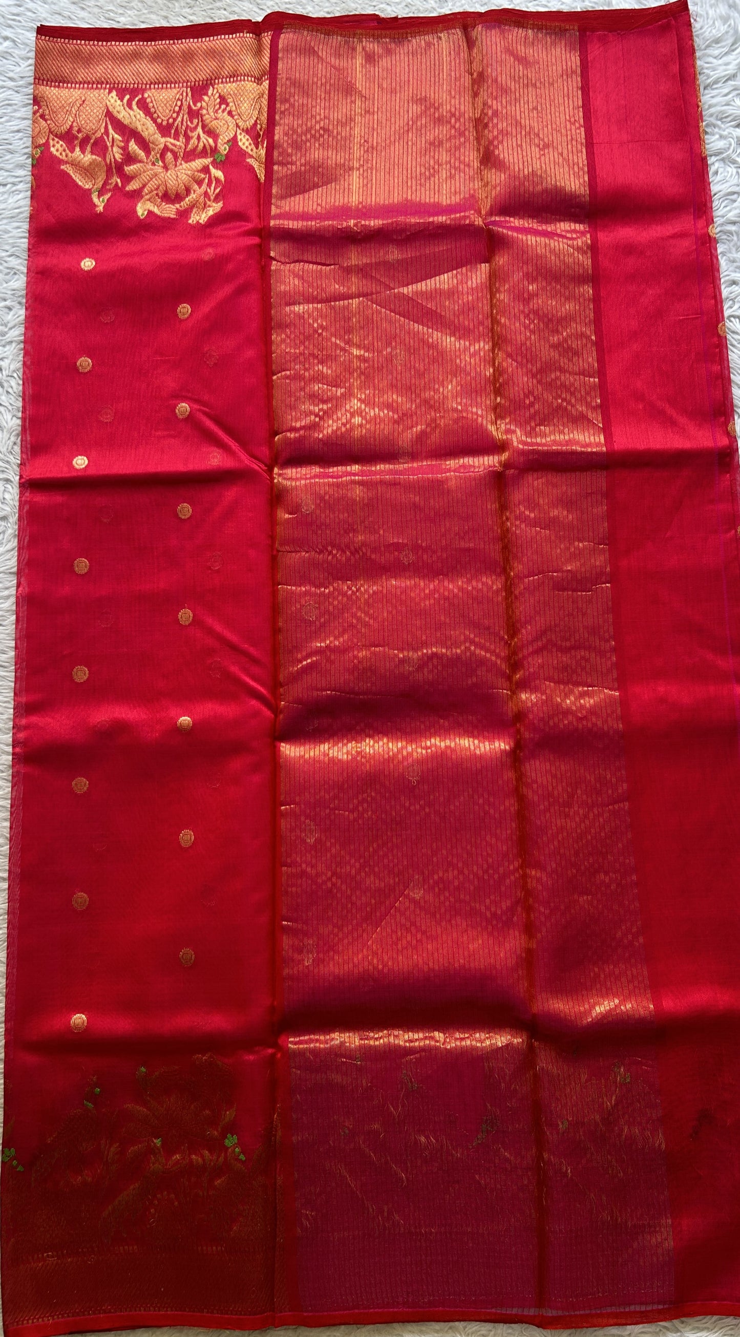 Chanderi Silk Saree Red color Elegantly Paired with a Minakari border - Sampradaya Designer Studio