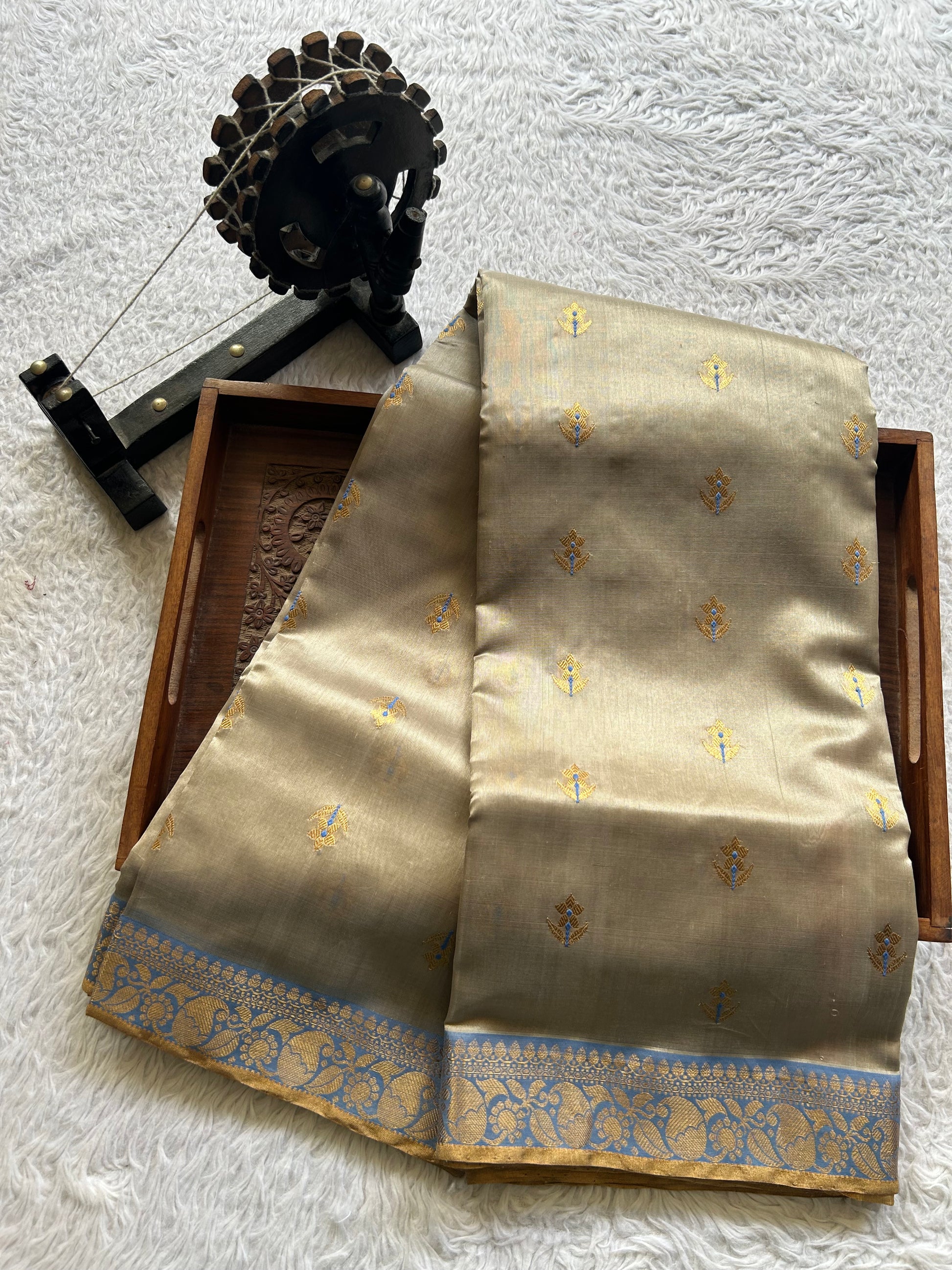 Chanderi Silk Saree Light Beige color Elegantly Paired with a Gold Zari Border - Sampradaya Designer Studio