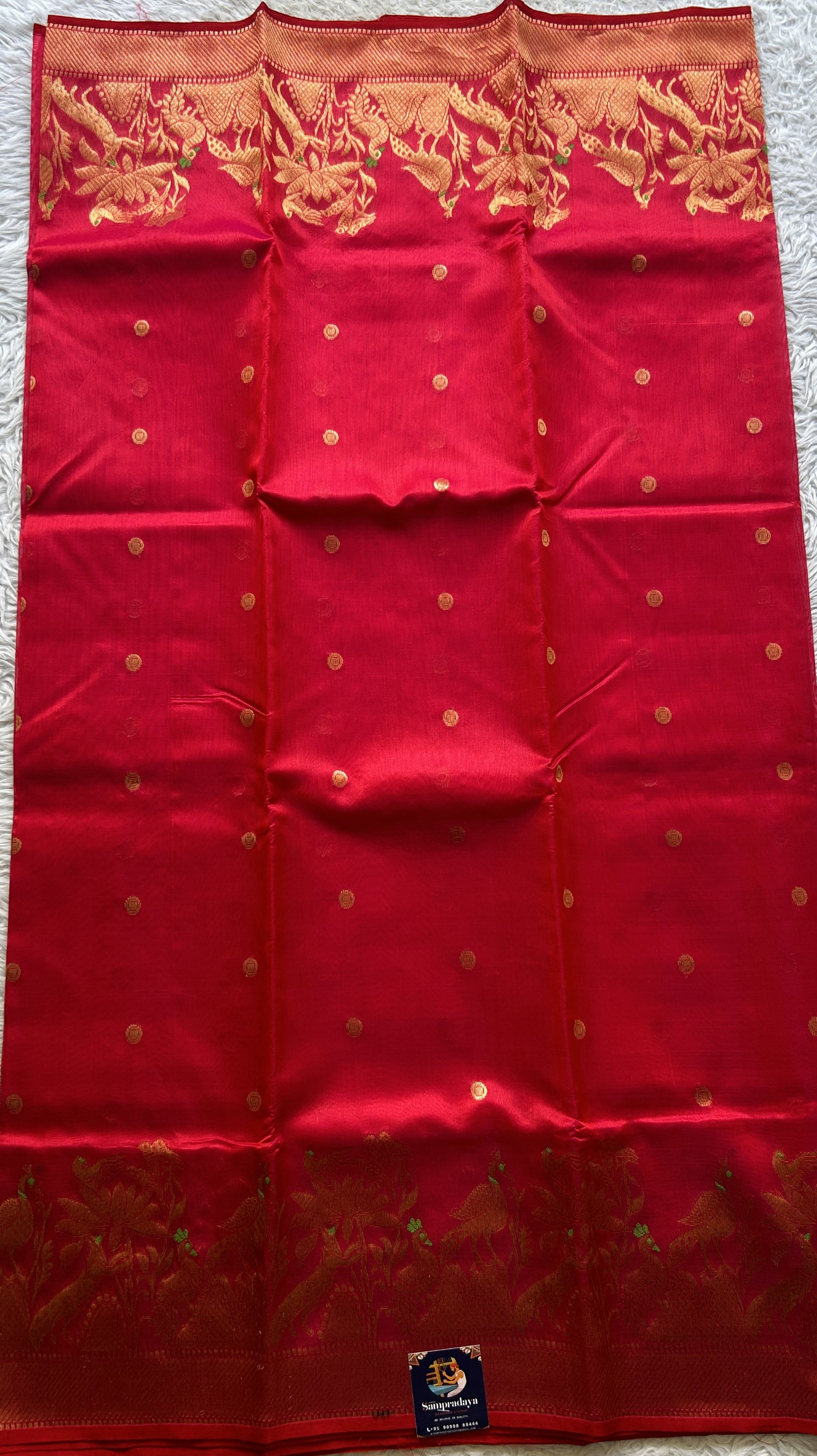 Chanderi Silk Saree Red color Elegantly Paired with a Minakari border - Sampradaya Designer Studio