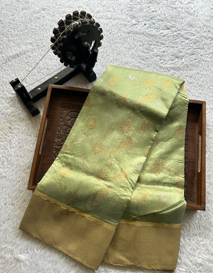 Chanderi Silk Saree Light Green color Elegantly Paired with a Gold Zari Border - Sampradaya Designer Studio