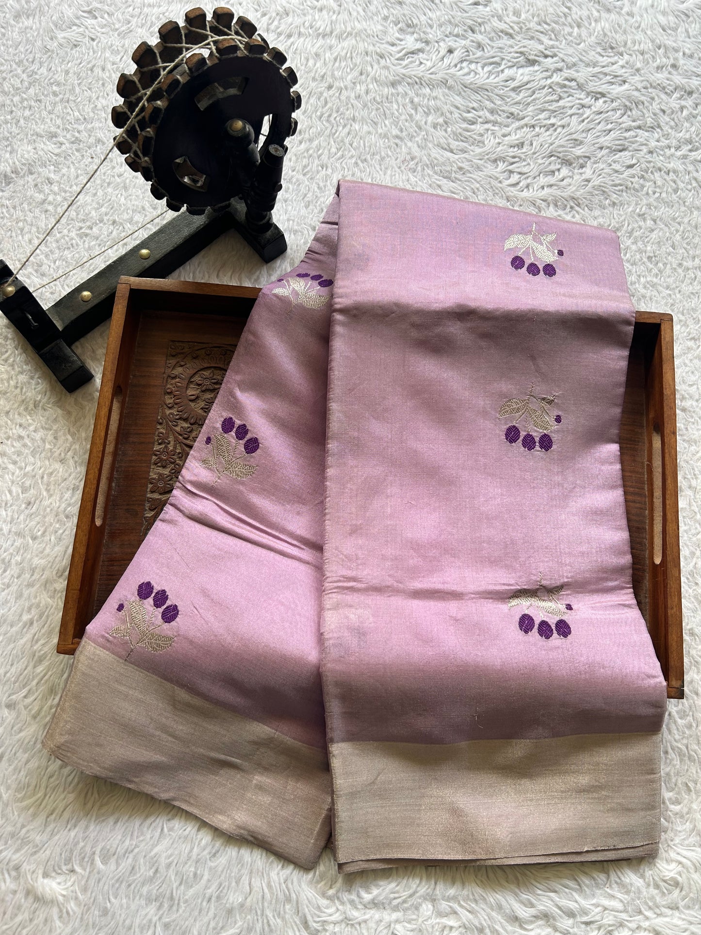 Chanderi Tissue Saree Lavender color Elegantly Paired with a Silver Zari Border - Sampradaya Designer Studio