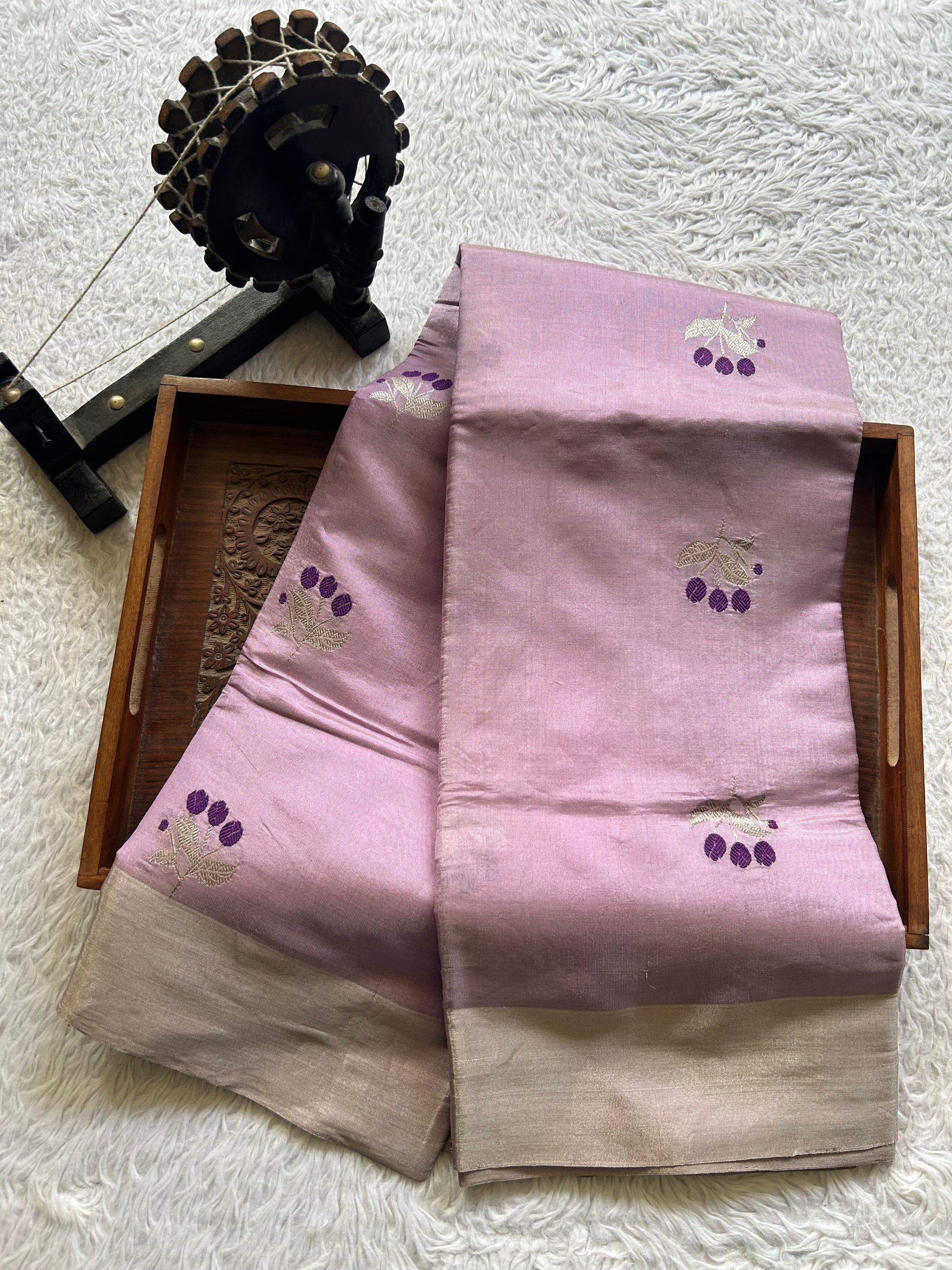 Chanderi Tissue Saree Lavender color Elegantly Paired with a Silver Zari Border - Sampradaya Designer Studio