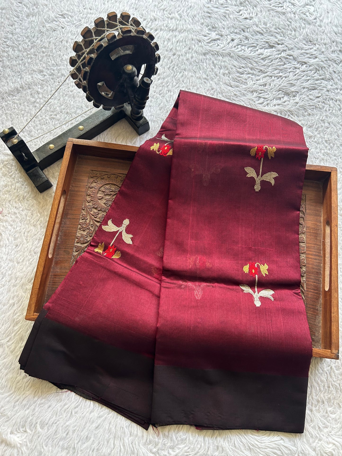 Chanderi Silk Saree Dark Brown color Elegantly Paired with a Brown Thread Border - Sampradaya Designer Studio