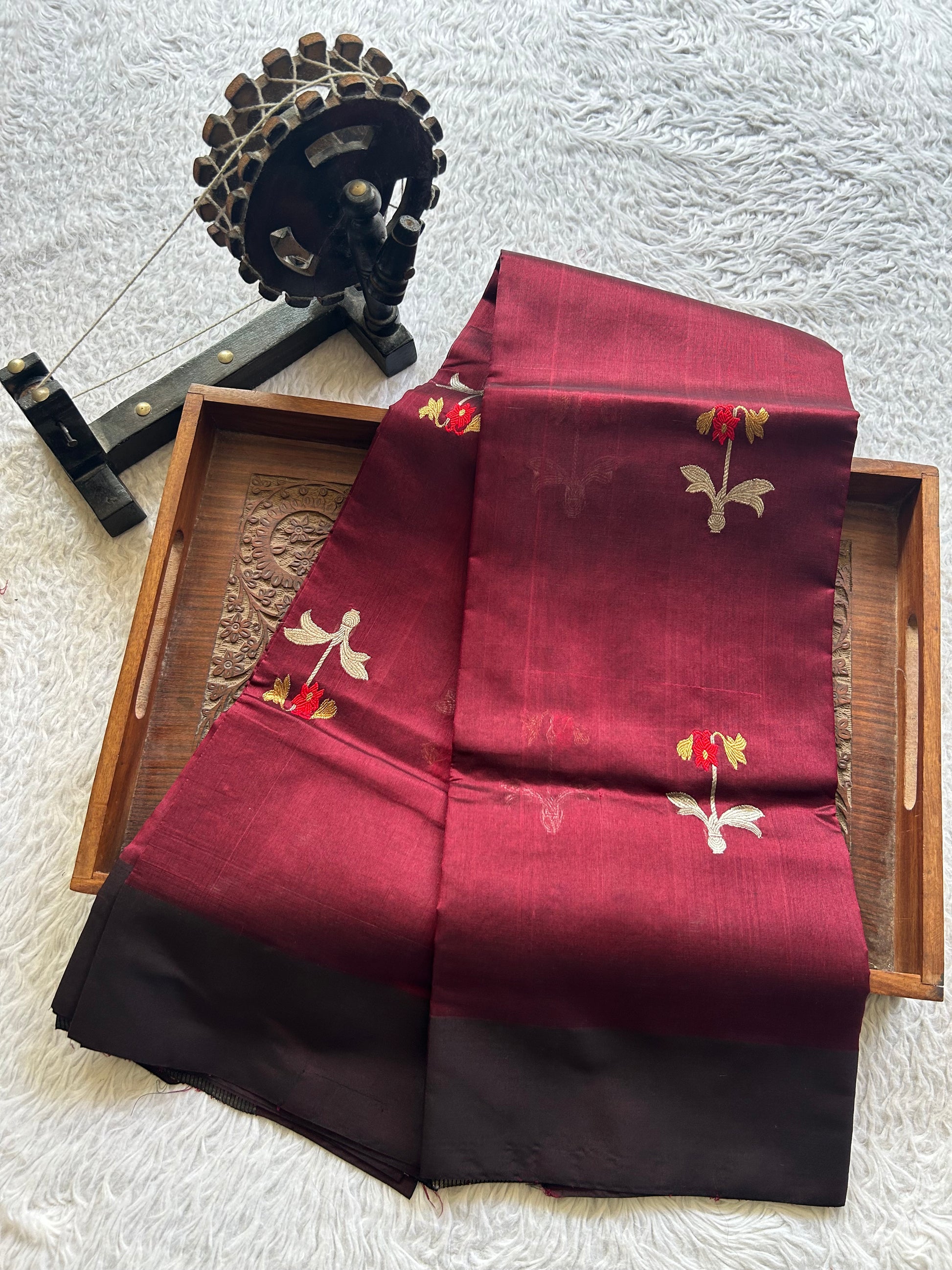 Chanderi Silk Saree Dark Brown color Elegantly Paired with a Brown Thread Border - Sampradaya Designer Studio