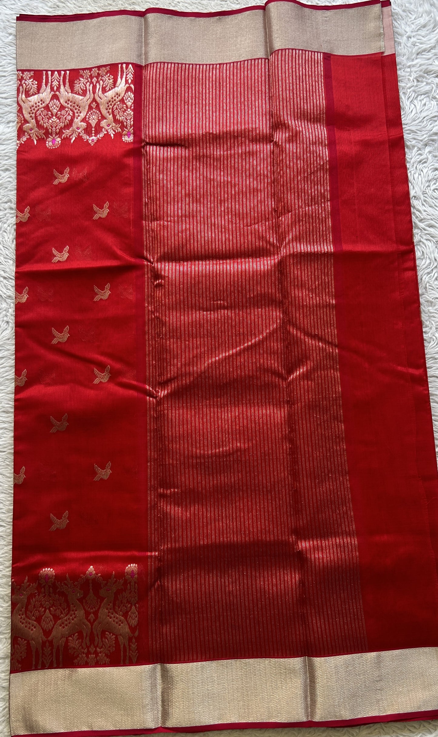 Chanderi Silk Saree Red color Elegantly Paired with a Zari border - Sampradaya Designer Studio