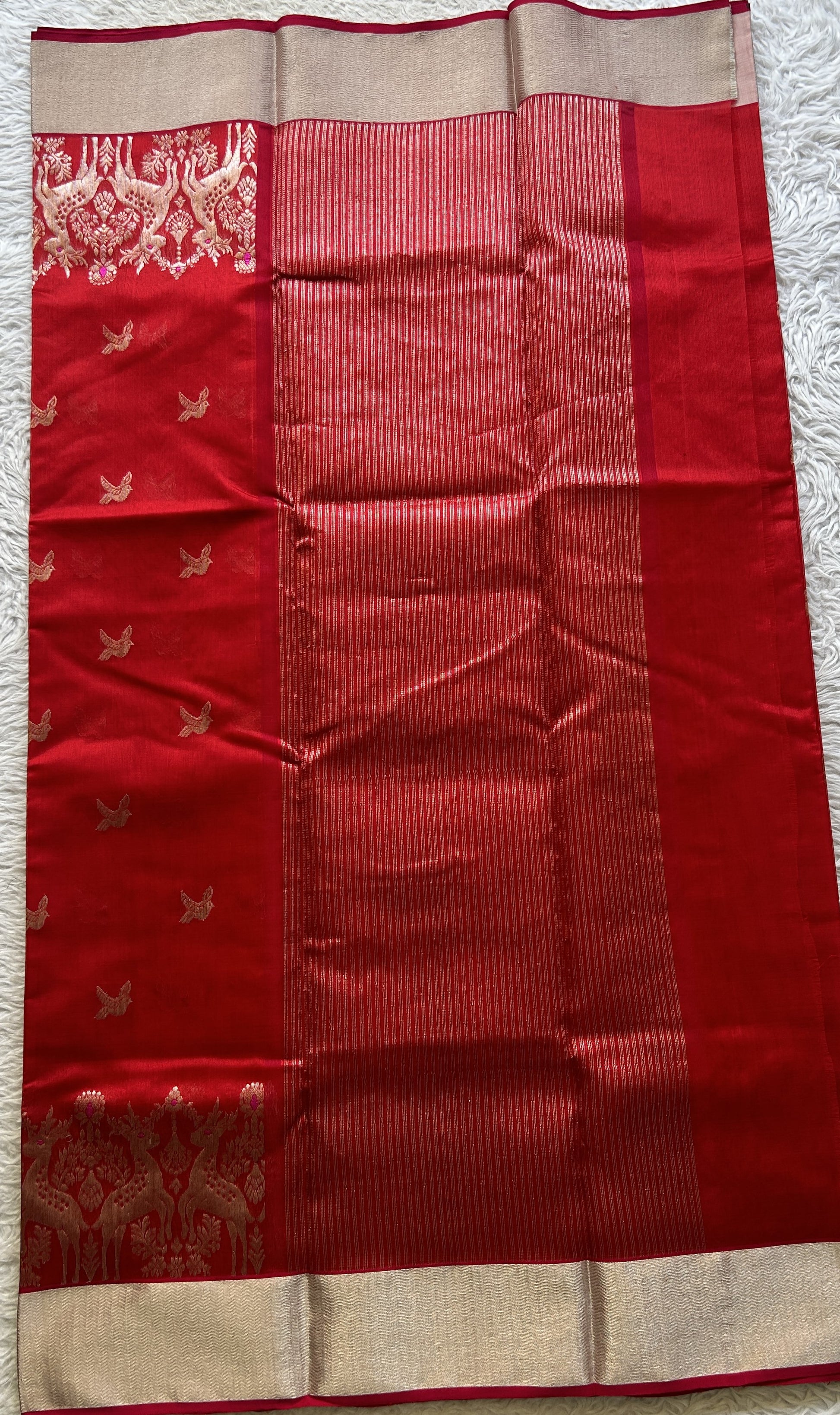 Chanderi Silk Saree Red color Elegantly Paired with a Zari border - Sampradaya Designer Studio
