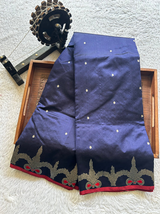 Chanderi Silk Saree Inky Blue color Elegantly Paired with a Silver Zari Border