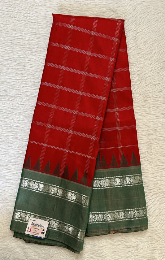 Gadwal Pattu Saree Red Colored Checks Saree Complemented With a Pattu Russian Green Color Kanchi Gap Border - Sampradaya Designer Studio
