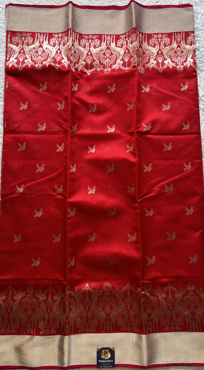 Chanderi Silk Saree Red color Elegantly Paired with a Zari border - Sampradaya Designer Studio