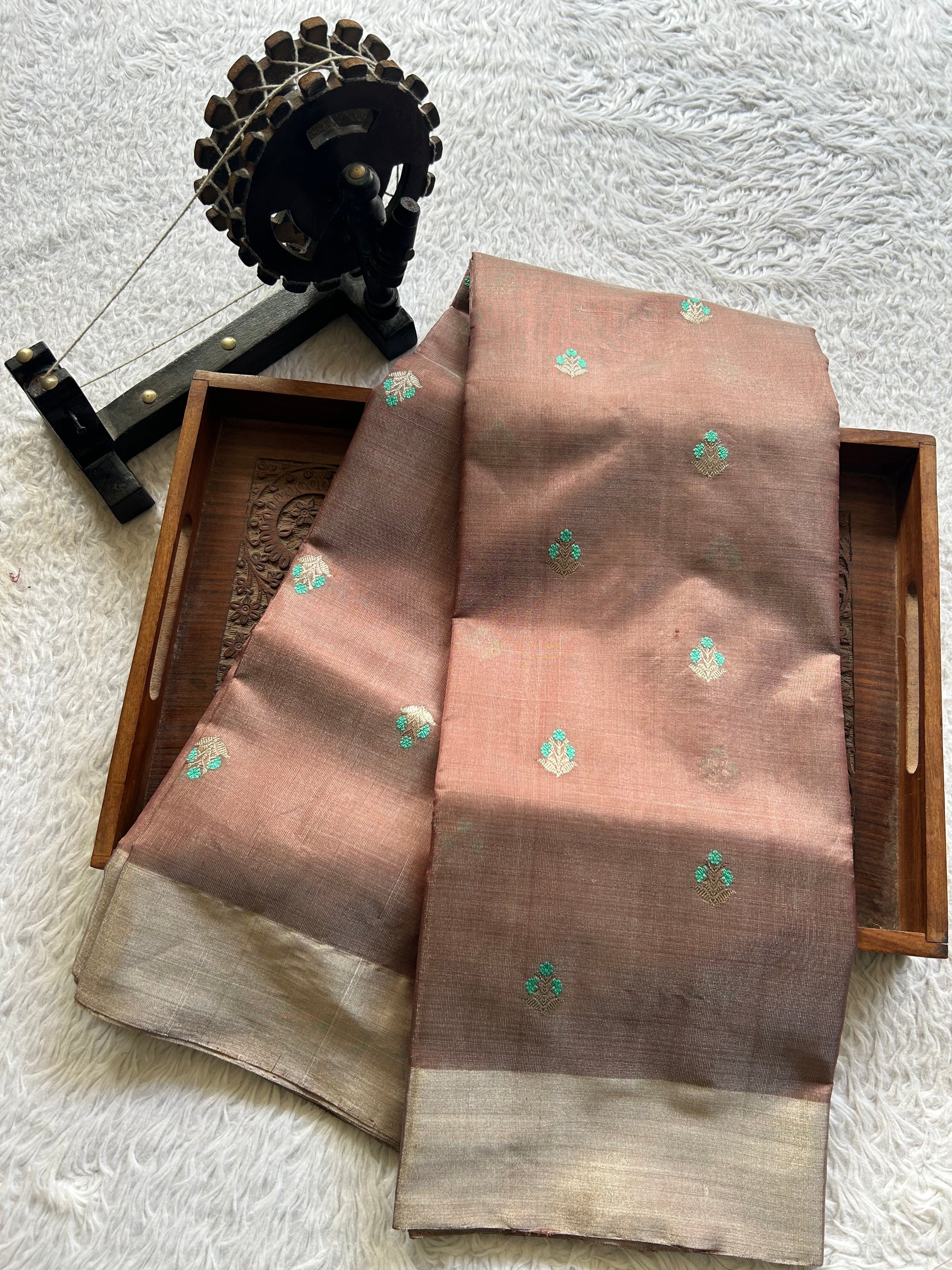 Chanderi Tissue Saree Stone color Elegantly Paired with a Silver Zari Border - Sampradaya Designer Studio