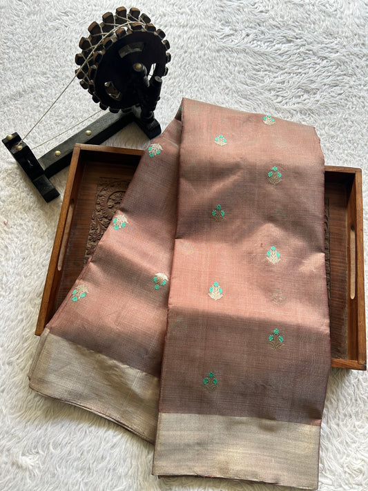 Chanderi Tissue Saree Stone color Elegantly Paired with a Silver Zari Border