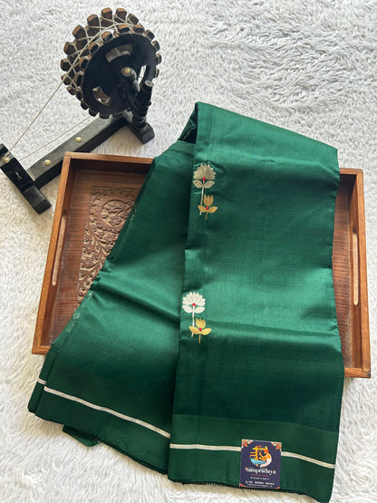 Chanderi silk Saree Paisley Green color Elegantly Paired with a Silver Zari Border - Sampradaya Designer Studio