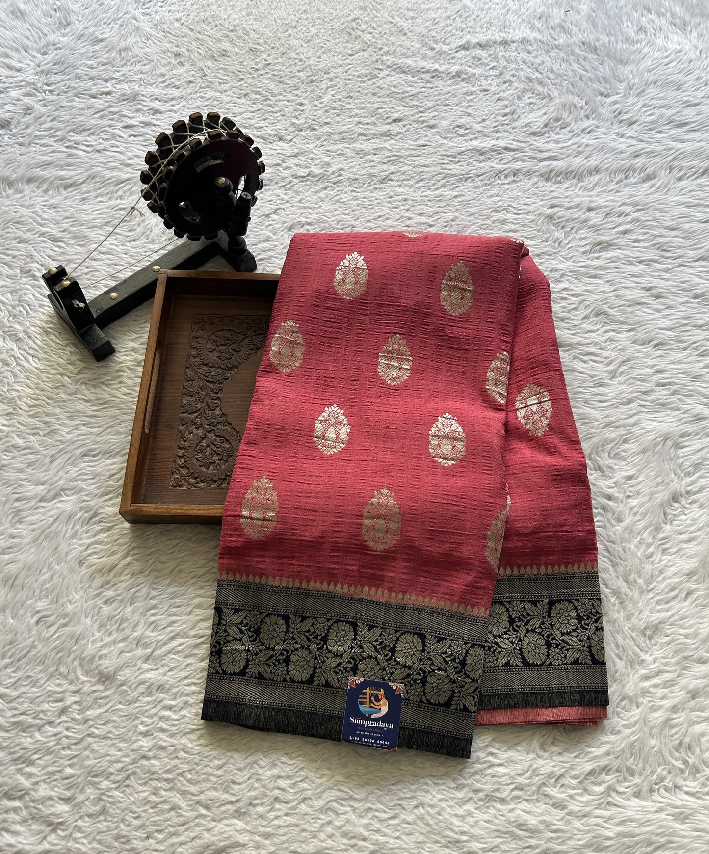 Semi Georgette Saree Punch Colored Complemented with a Zari Border. - Sampradaya Designer Studio