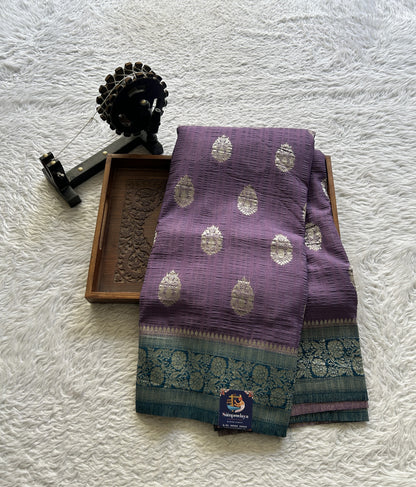 Semi Georgette Saree Lavender Colored Complemented with a Peacock Blue Zari Border. - Sampradaya Designer Studio