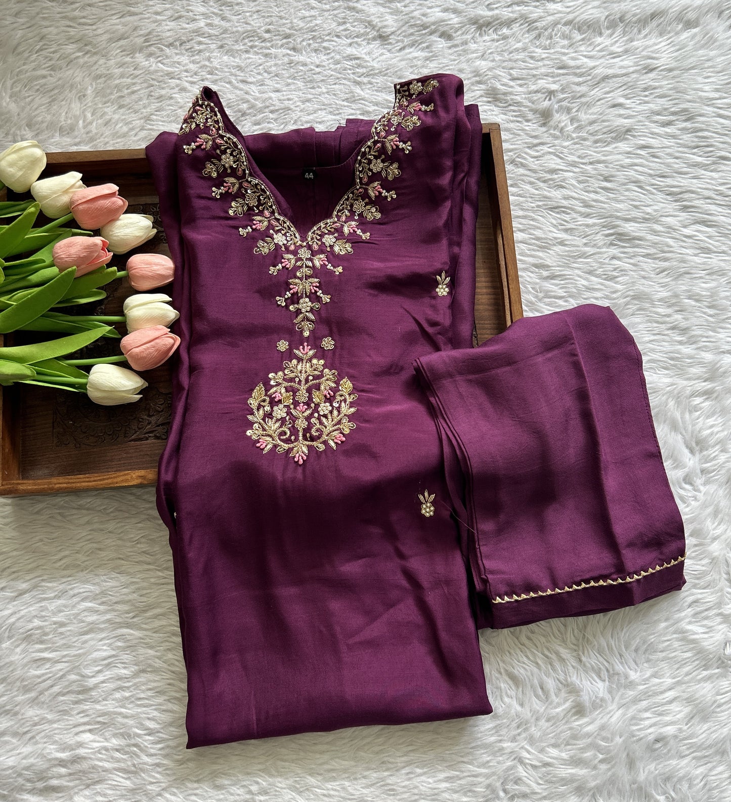 Muslin Purple Colored Embroidery Work Kurti Set. - Sampradaya Designer Studio