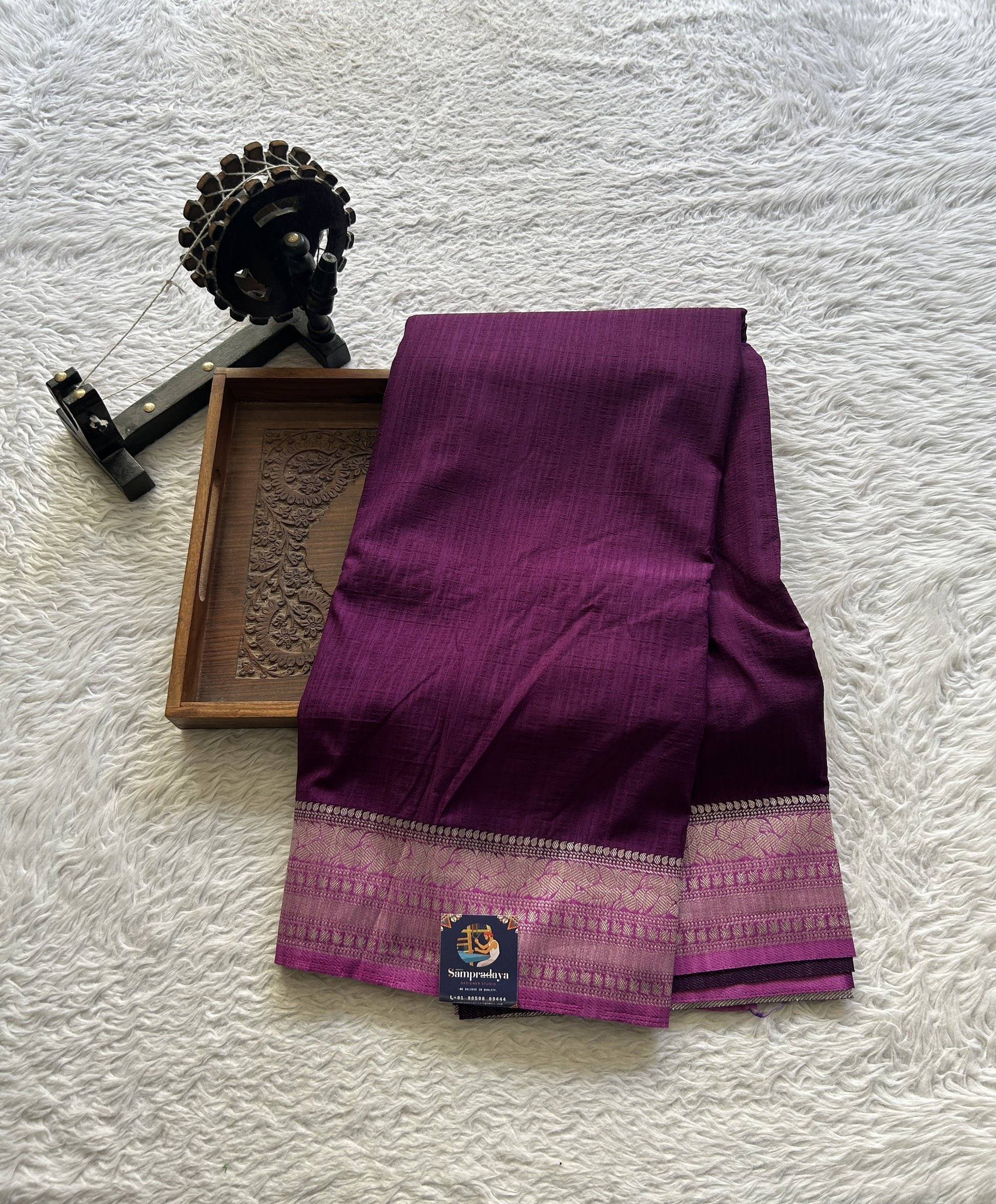 Semi Georgette Plain Saree Dark Purple Colored Elegantly Paired with a Zari Border. - Sampradaya Designer Studio