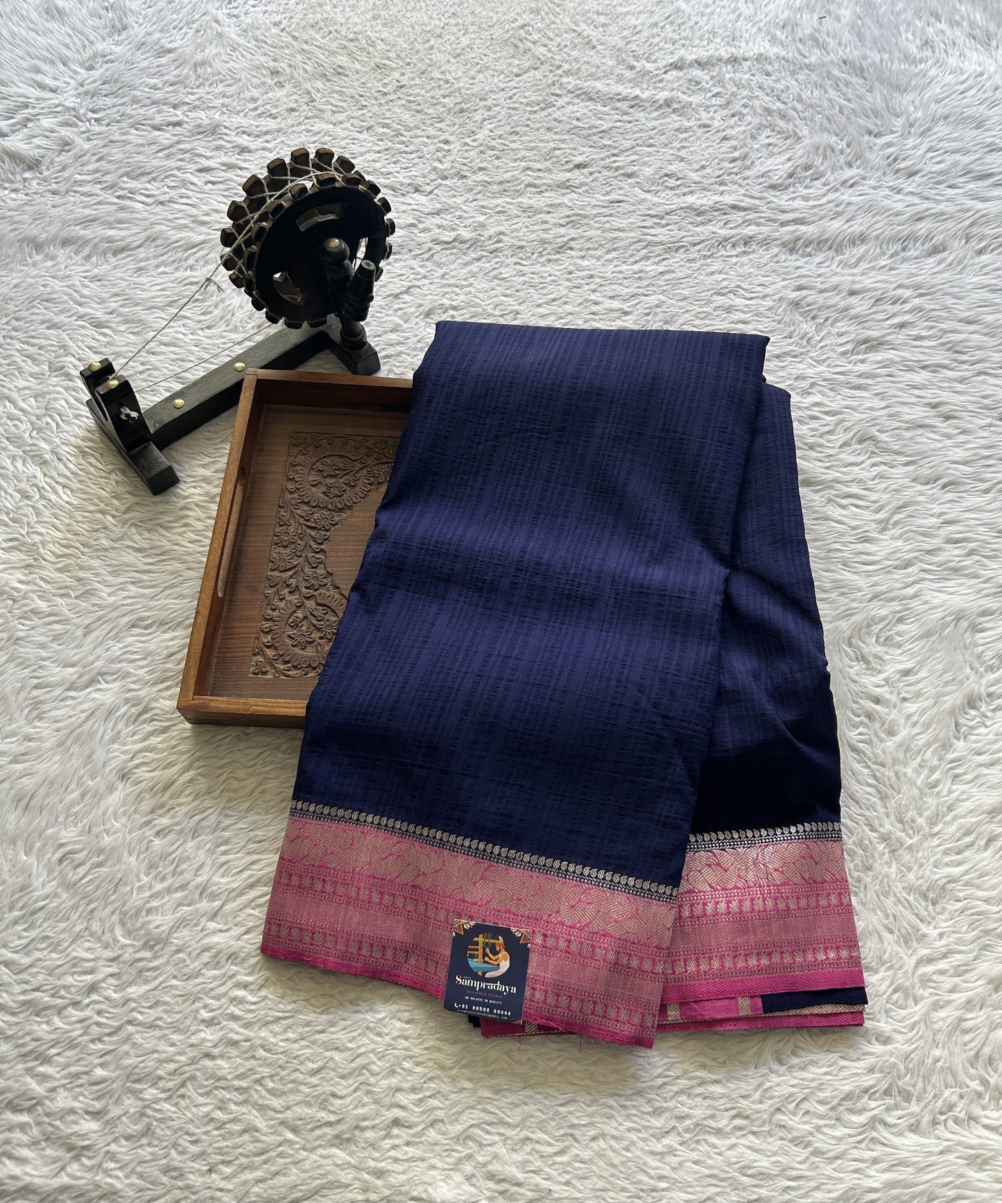 Semi Georgette Plain Saree Indigo Blue Colored Elegantly Paired with a Zari Border. - Sampradaya Designer Studio