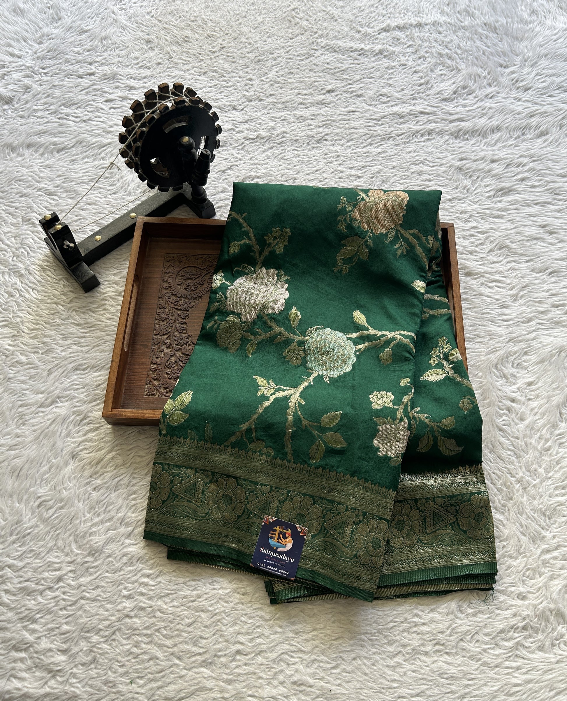 Semi Georgette Allover Saree Pine Green Colored Elegantly Paired with a Zari Border. - Sampradaya Designer Studio