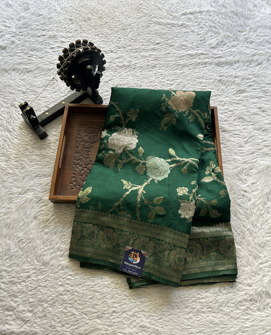 Semi Georgette Allover Saree Pine Green Colored Elegantly Paired with a Zari Border. - Sampradaya Designer Studio